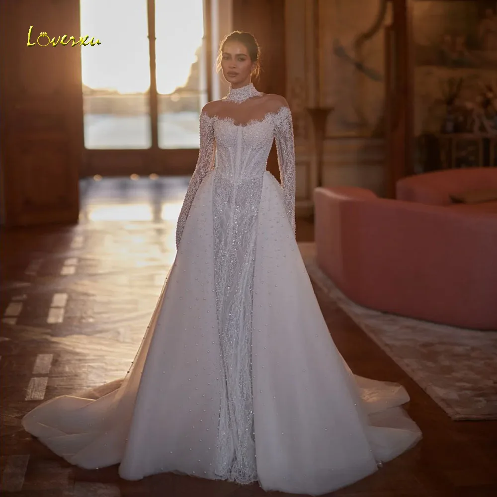Loverxu Mermaid Wedding Dresses High Neck Long Sleeve Vestido De Novia Lace Beaded Pearls 2 In 1 Sexy Custom Made Bridal Gown