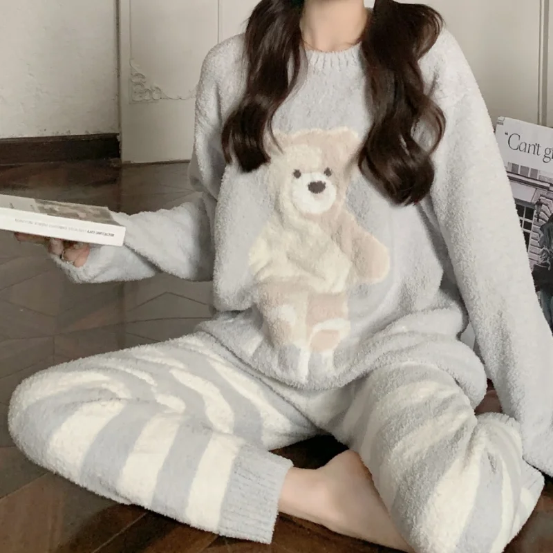 Kuzuwata O Neck Cartoon Bear Long Sleeve Top Sleepwear+high Waist Stripe Pant Pajama Sets Japanese Casual Home Wear Underwear