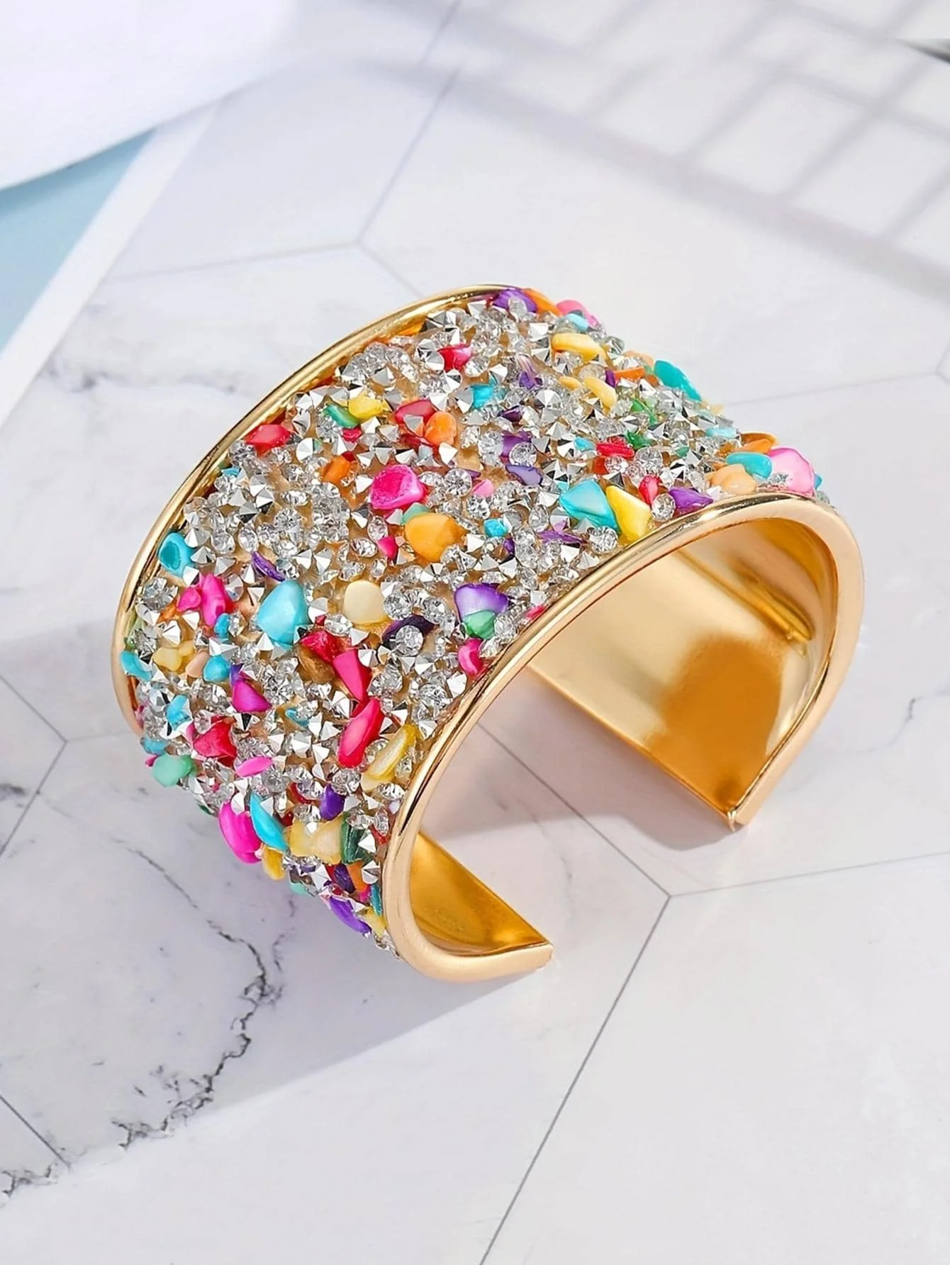 

Metal Cuff Bracelet With Colorful Rhinestones And Resin Stones, Adjustable Opening
