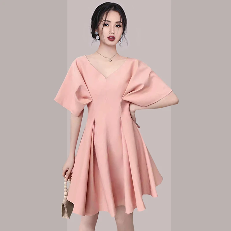 

2024 New Runway Summer Women Pink Fashion Elegant V Neck Batwing Short Sleeve Folding Ladies Waist Party Office Dresses