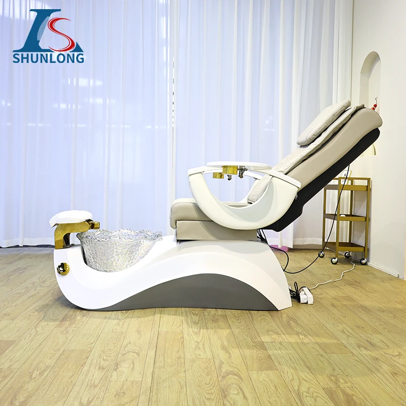 White Quilted PU Pedicure Spa Chair with Crystal Glass Foot Basin, Electric Reclining Foot Massage Chair, Nail Salon Beauty Furn