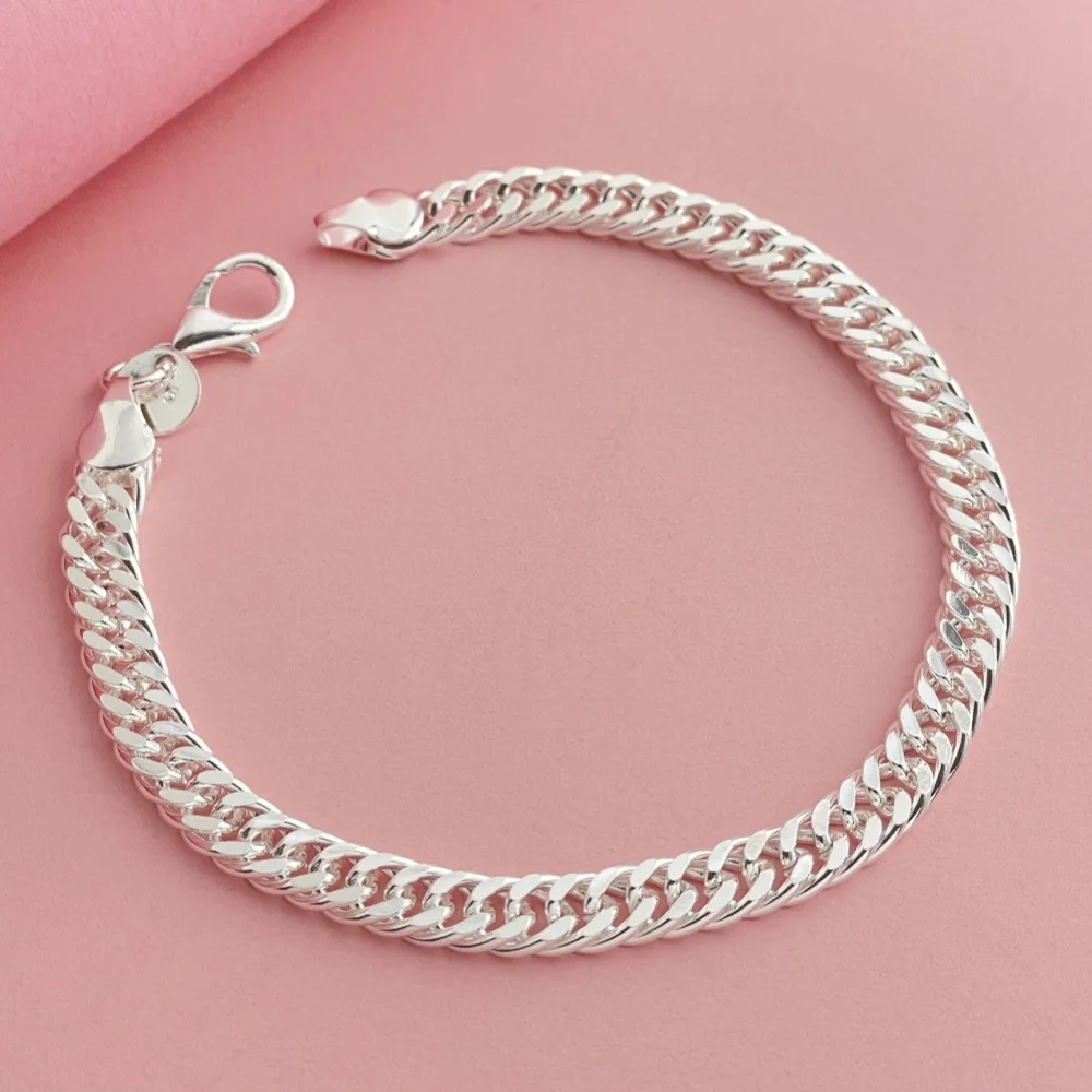 925 Sterling Silver Fashion Daily 6mm Side Double Buckle Bracelet Birthday Anniversary Party Gift