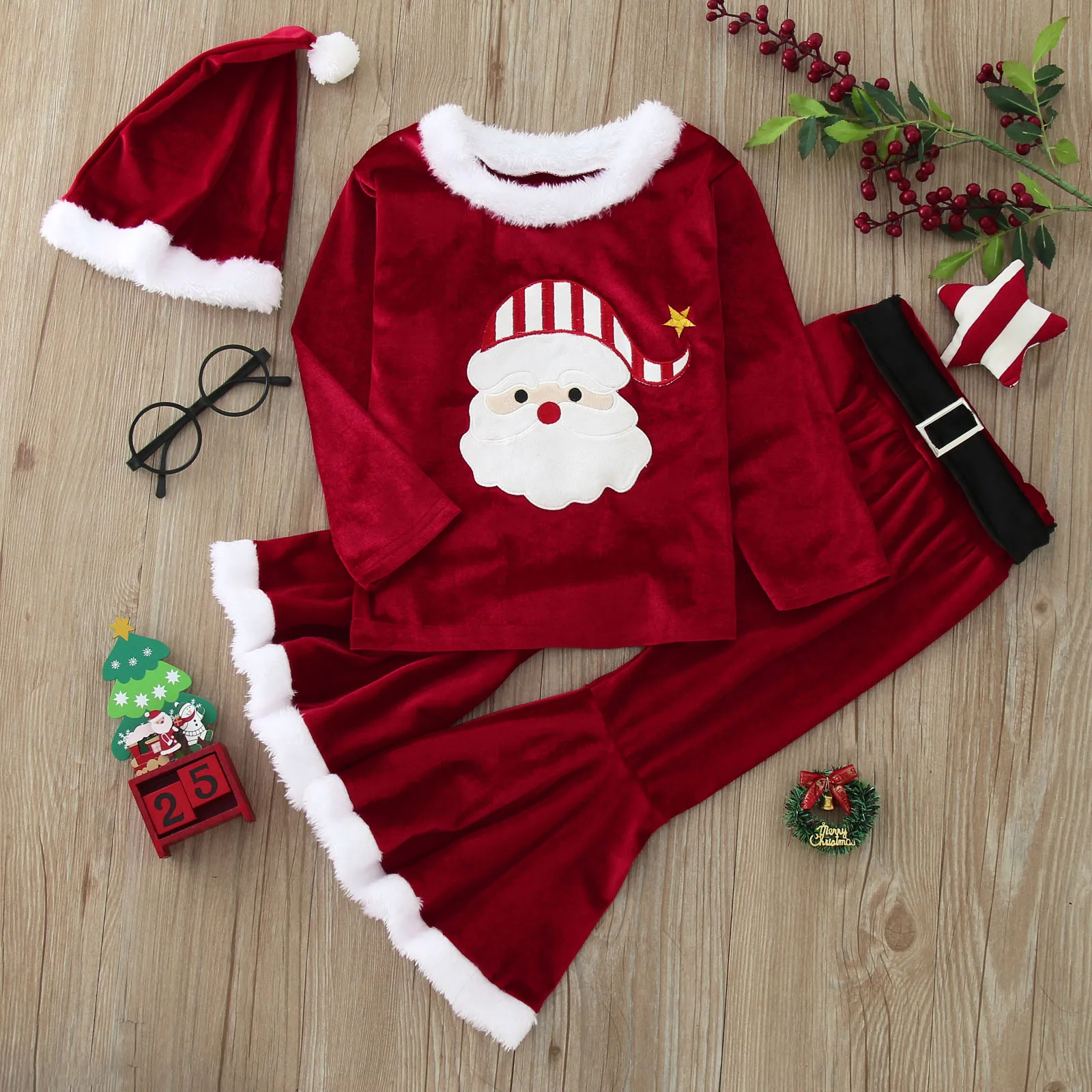 Girls' Christmas Cosplay Patchwork O Neck Pullover Set, Tops, Calças, Chapéu, Cinto, Roupas de Natal, Crianças, Criança, Bebê, 4pcs