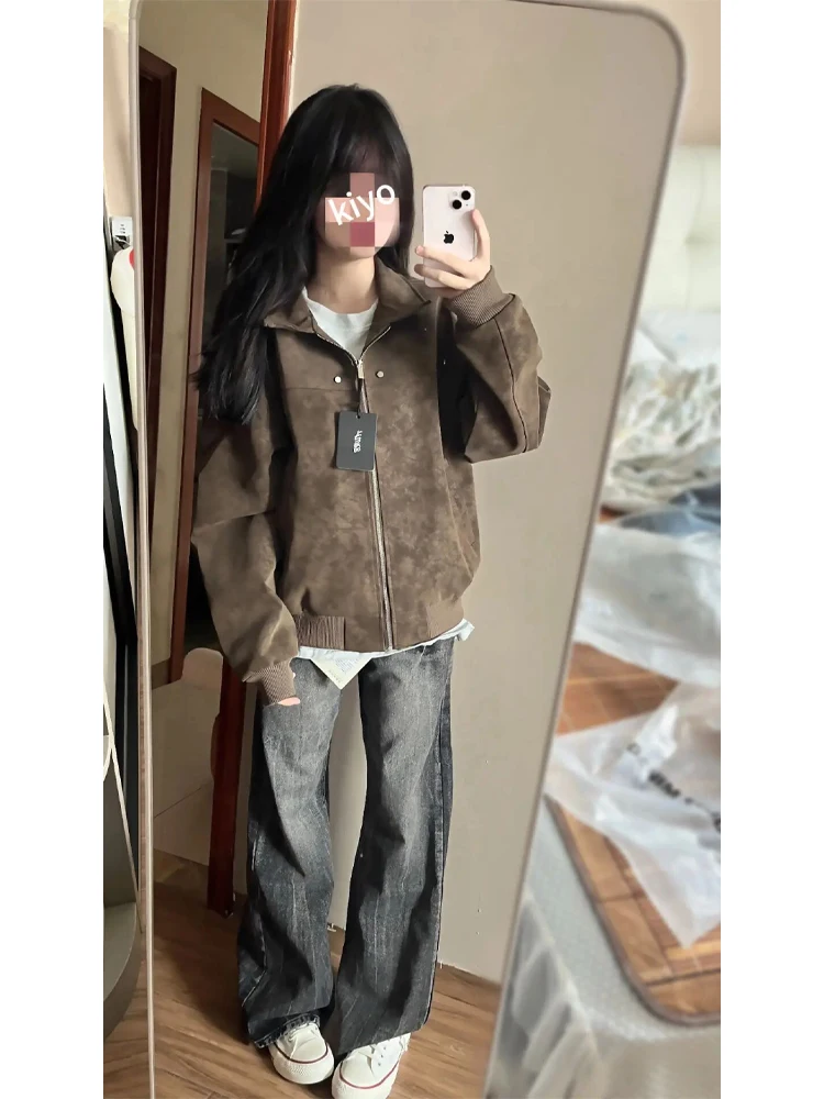 

Vintage Brown Leather Jaet Men's Sle Autumn Spring Trendy High-End Feel Motorcycle Clothes Turn-down Collar Faionable J...