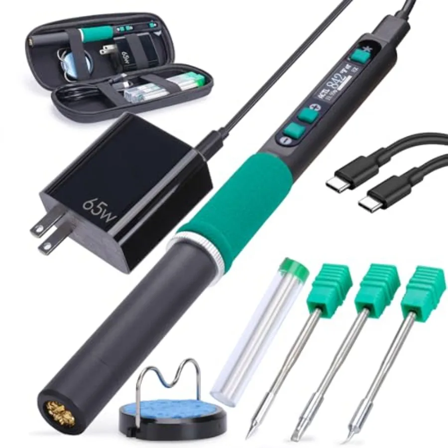 

928D-IV Soldering Iron Pen Kit DC 65W Support PD QC Type C Portable Soldering Station with 3 Tips Solder Wire Protective Cap