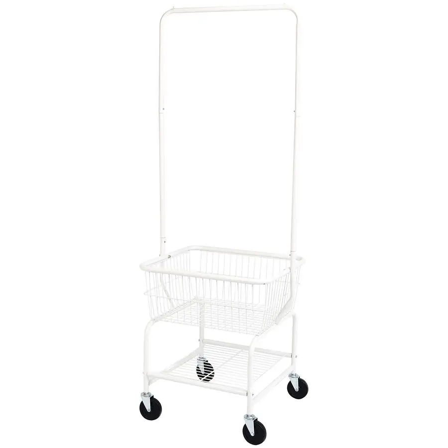 

Rectangular Laundry Hamper Basket Butler Cart with Wheels and Hanging Rack, White