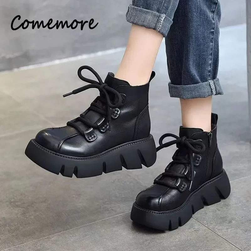 Comemore Platform Heel Round Toe Winter Shoes Woman Ankle Fashion Short Boot Retro 2023 Women\'s New Lace Up Elegant Women Boots