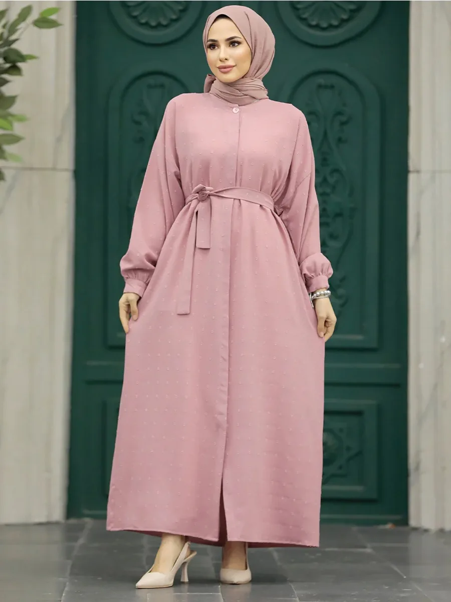 Jacquard Weave Floral Muslim Abaya Dress for Women Eid Morocco Ramadan Lace-up  Vestidos Largo Kaftan Islam Dubai Arab Long Robe