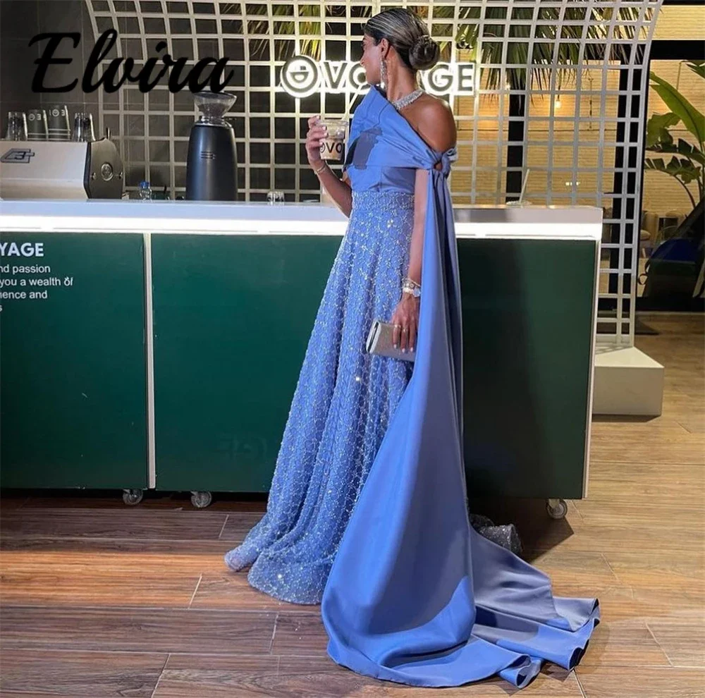 Customized Modern Style Lace Appliques Pleats Prom Gowns Woman Off The Shoulder Floor-Length Court Train Evening Party Dresses