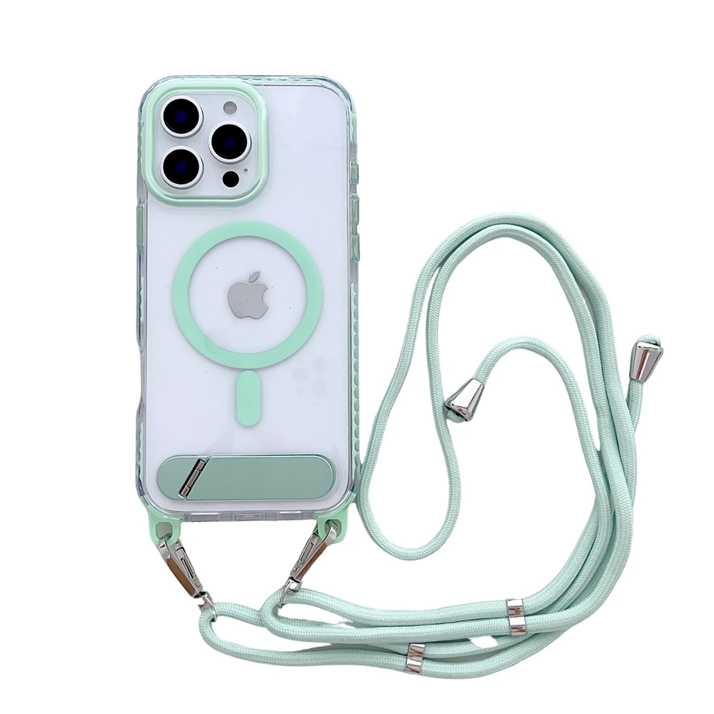 

With Detachable Crossbody Lanyard Strap Phone Case For iPhone 16 15 14 Pro Max 13 16 Plus Metal Stand Holder Magsafe Clear Cover