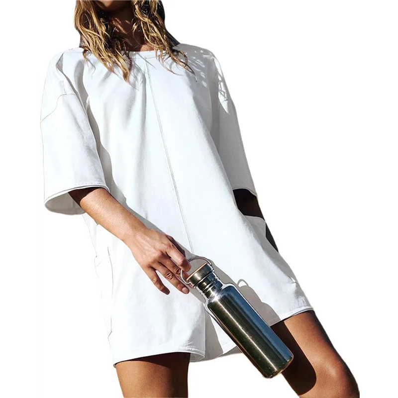 A83F-Women's Casual Summer T Shirt Dress Elastic Loose Short Sleeve Dress With Pocket For Women