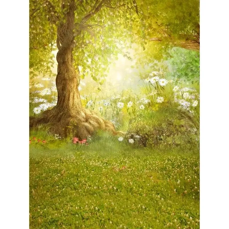 Spring Wonderland Backdrops for Photography White Flowers Big Tree Green Meadow Princess Baby Girl Happy Easter Photo Background