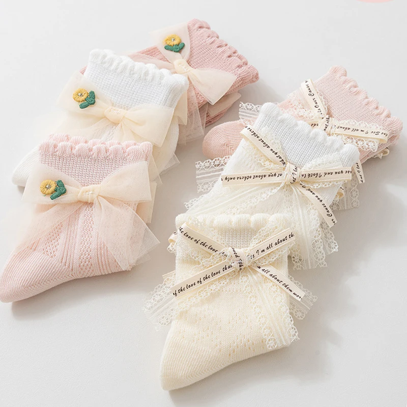 3 Pairs Baby Girls Socks Summer Mesh Breathable Toddler Princess Mid-calf Socks Newborn Cute Sweet Lace Bow Infant Socks