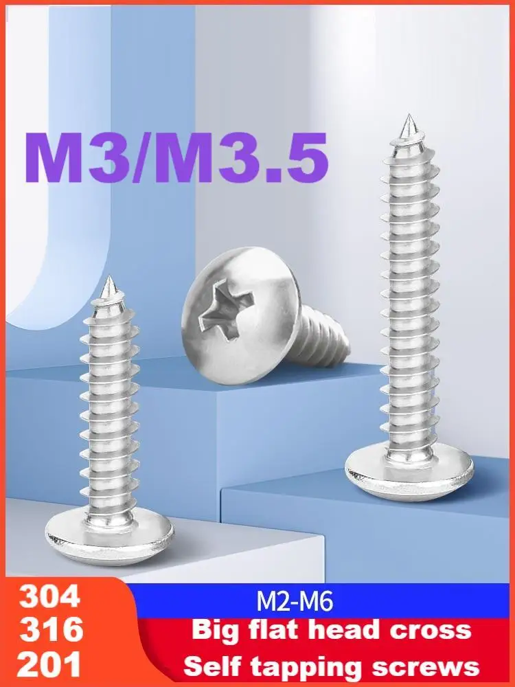 

M3/M3.5 304 /316/201 stainless steel Big flat head cross Self tapping screws Length 6/8/10/12/14/16/18/20/25/30/35/40/45/50mm