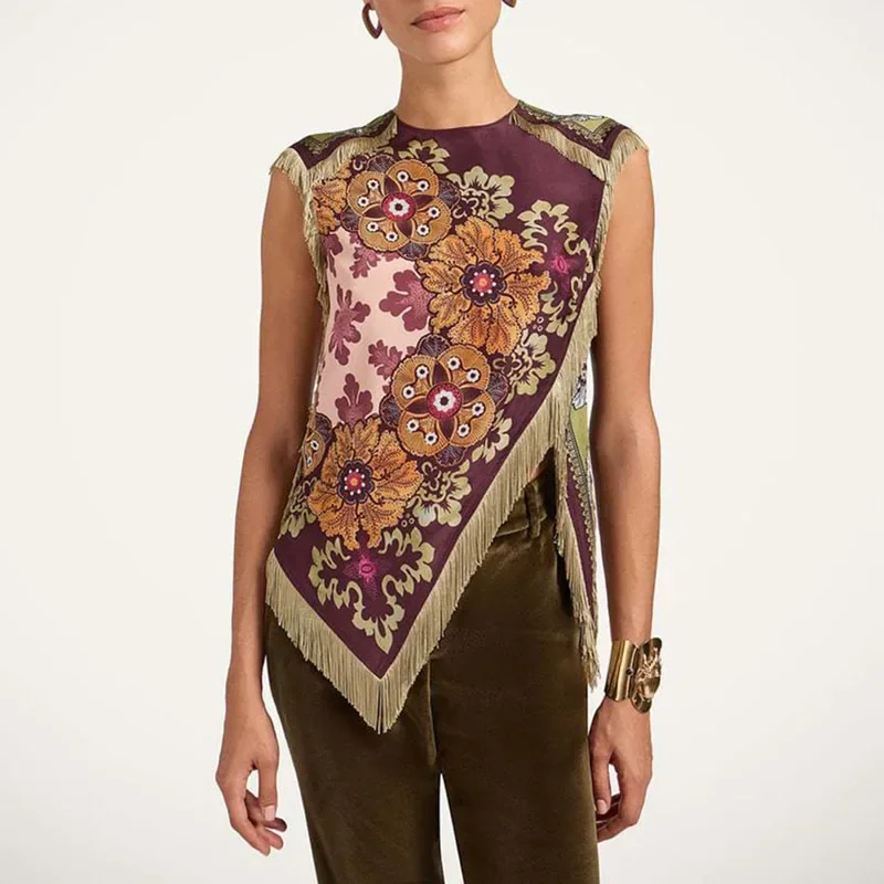 

Этническая винтажная женская одежда с цветочным принтом, элегантный топ с круглым вырезом и кисточками, нерегулярный топ с перекрестным разрезом, летняя блузка без рукавов на молнии, рубашки