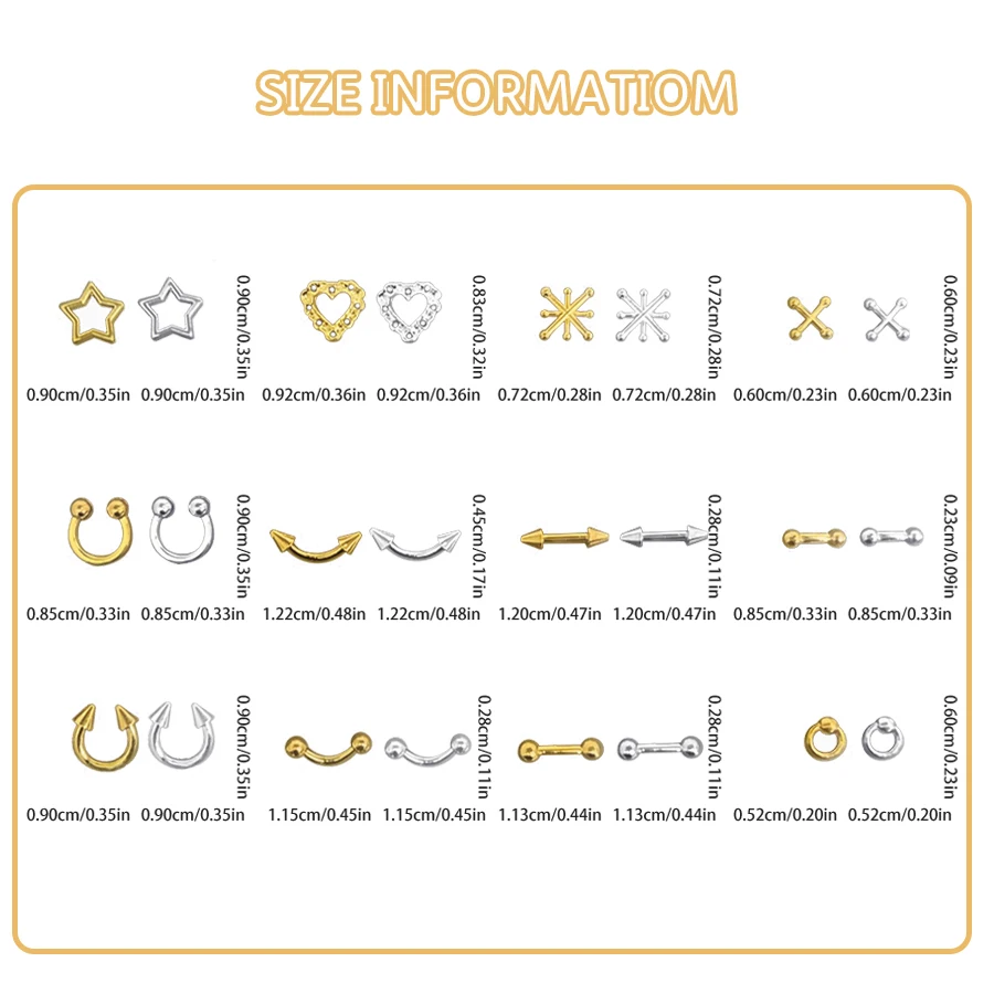 SANANIE 12 Grids 3D Alloy Multi-Style Sliver Gold Color Studs Nail Charms Simple Star Heart Rivets Manicure Art DIY Decorations 3
