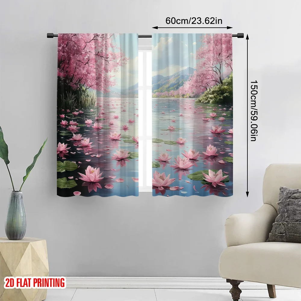 2pcs 2D flat printing Window Treatment Curtains Blossom Water Lily Landscape Nature Polyester Without Electricity Party