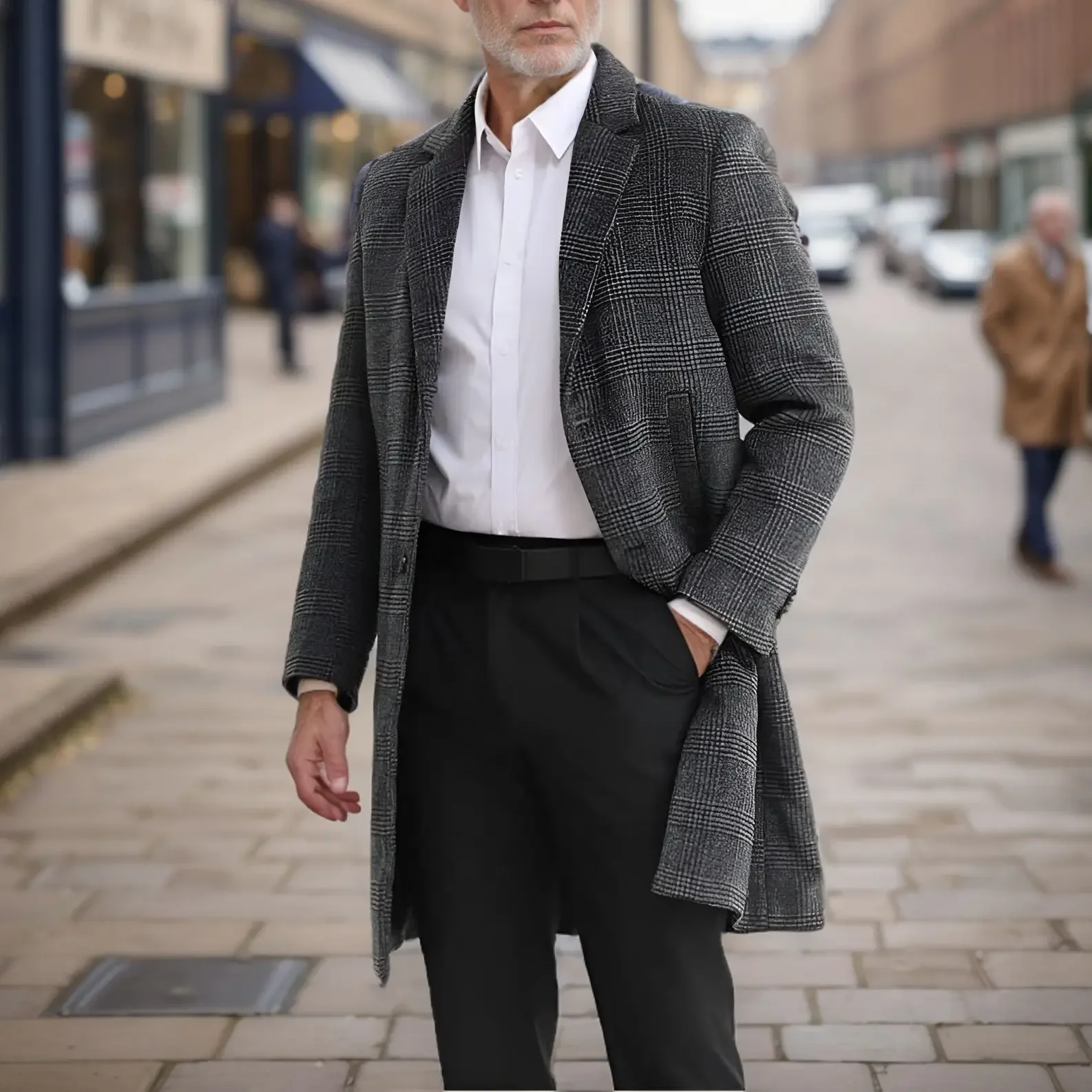 

Autumn Winter Men Classical Plaid Cashmere Tweed Woolen Coat Gray Camel Plaid Pattern Cotton Blended Overcoat Male Outfits