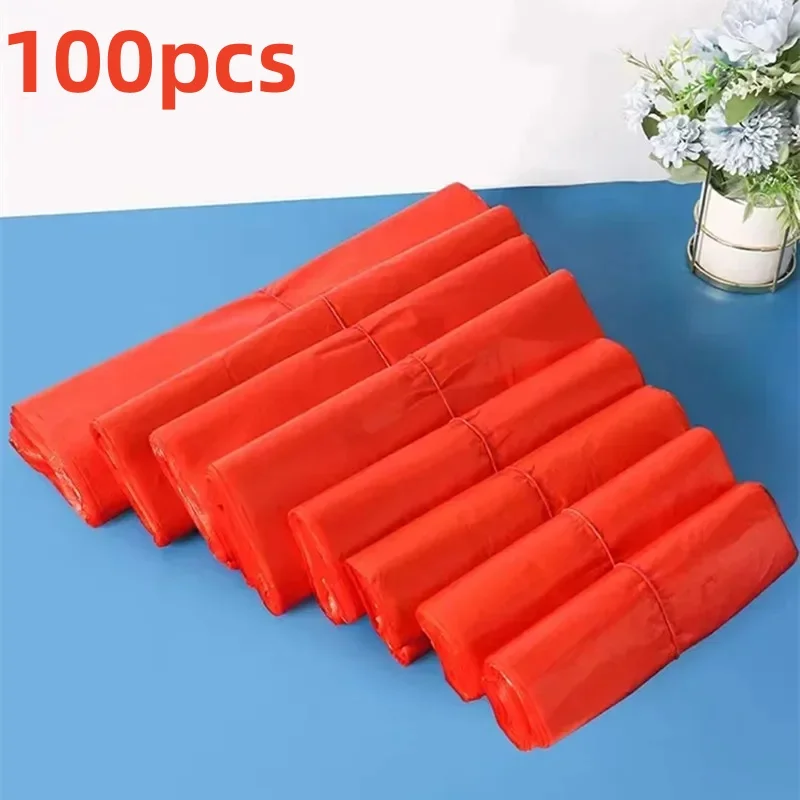 100Pcs Red Plastic Bag Vest Storage Bag Supermarket Grocery Shopping Takeaway Packing Garbage Bag Kitchen Living Room Clean