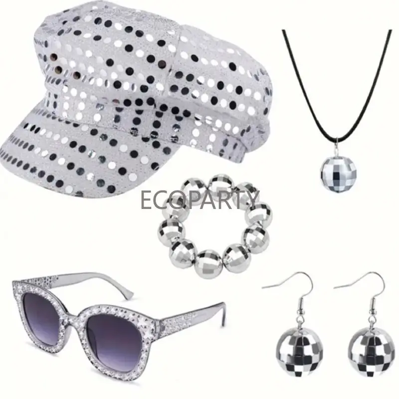 2024 3PCS/5PCS 70s Disco Costume Accessories Set Women 80s Disco Earrings Sequin Hat Sunglasses Stage Performance Props Ecoparty