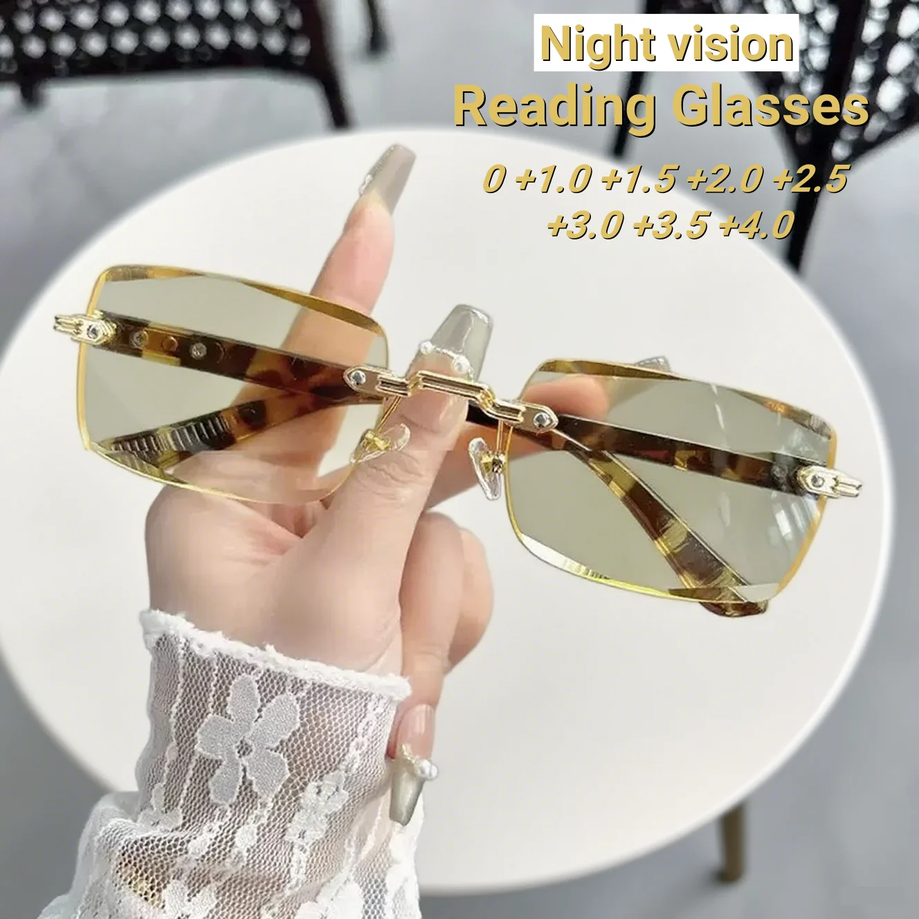 

2025 New Fashionable HD Frameless Women's Reading Glasses Retro Neutral Simple Night Vision Anti Blue Light Presbyopia Glasses