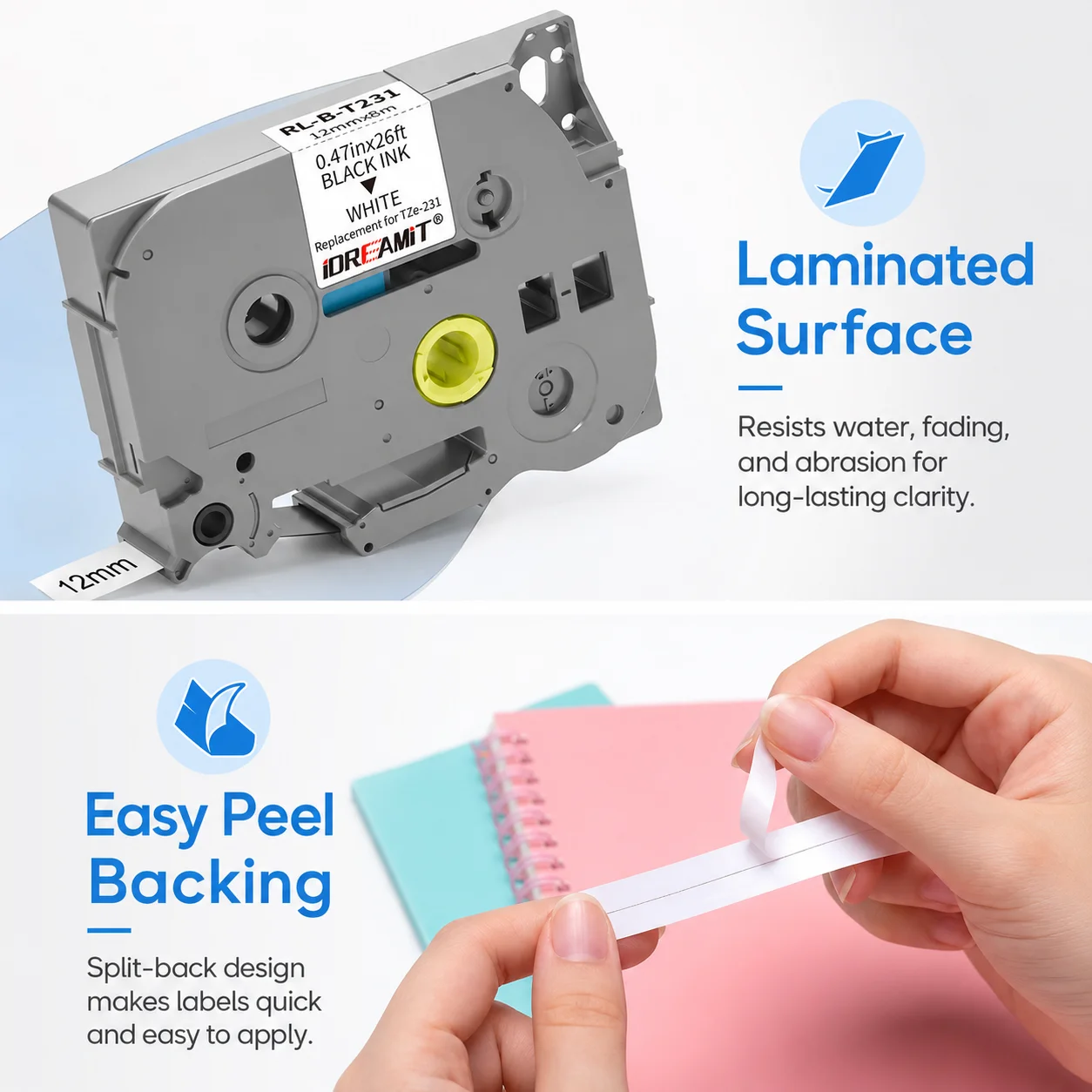 5 Pack TZe231 Laminated Label Tape 12mmx8m Black on White Waterproof Strong Adhesive Refill Cartridge Compatible with Brother P-Touch TZ231 TZ-231 for PT-D210 PT-D220 PT-H110 Label Maker Home Office Storage Marking