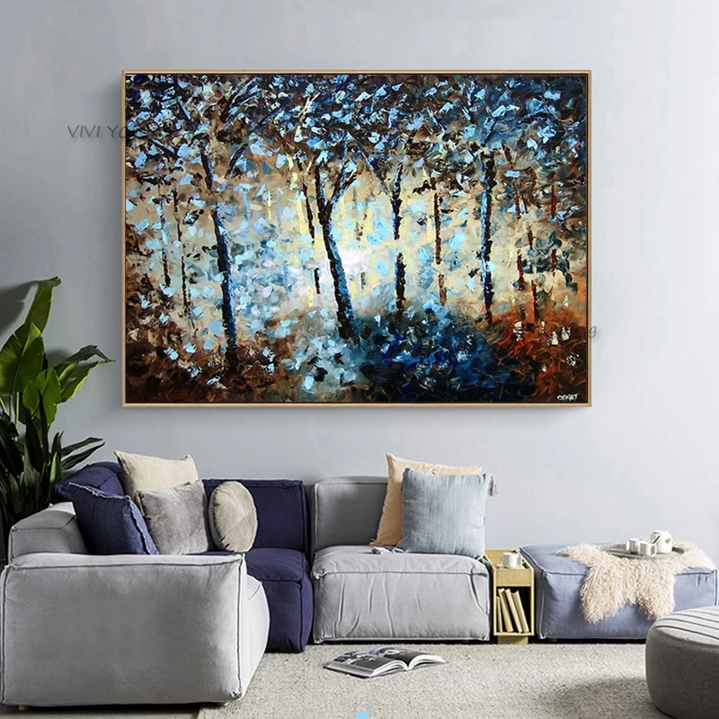 Handmade Original Glimmer Forest Oil Painting, Chunky Palette Knife Blue Foliage Wide Horizontal Canvas Cozy Home Artwork