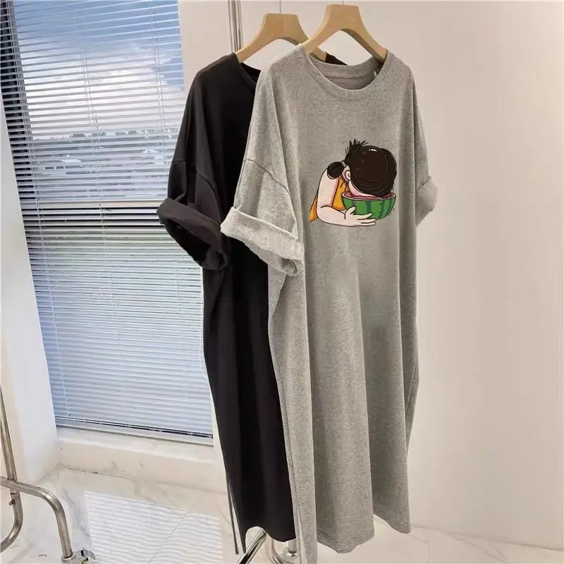 ผ้าฝ้ายแขนสั้น O-คอเสื้อยืดผู้หญิงฤดูร้อนหลวมแฟชั่นการ์ตูนพิมพ์ชุดเข่า