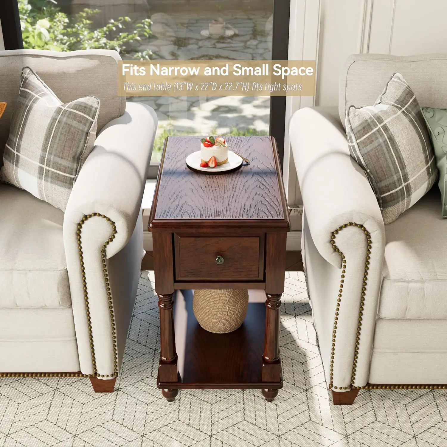 طاولة ذات نهاية ضيقة مع درج ورف، طاولة أريكة رفيعة من الخشب الصلب، 22 بوصة لتر، جوز داكن، مجموعة بدون أدوات #4