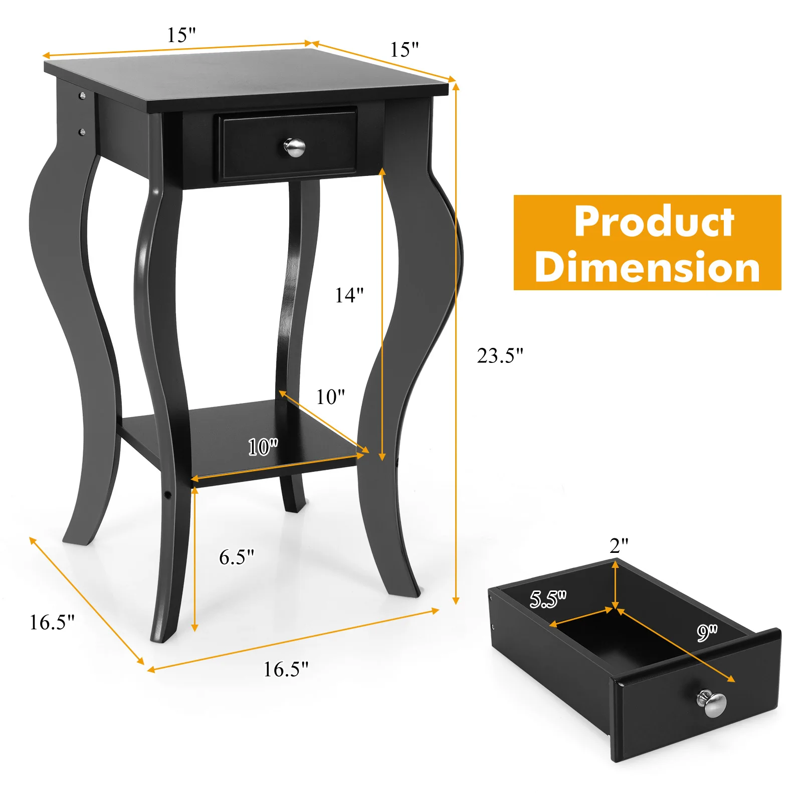 End Side Table with Drawer Bottom Shelf Accent Nightstand Bedroom Black