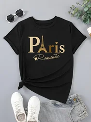 Women's Casual Short Sleeve T-Shirt with Paris Romantic Print - Crew Neck Polyester Knit Fabric Tee with