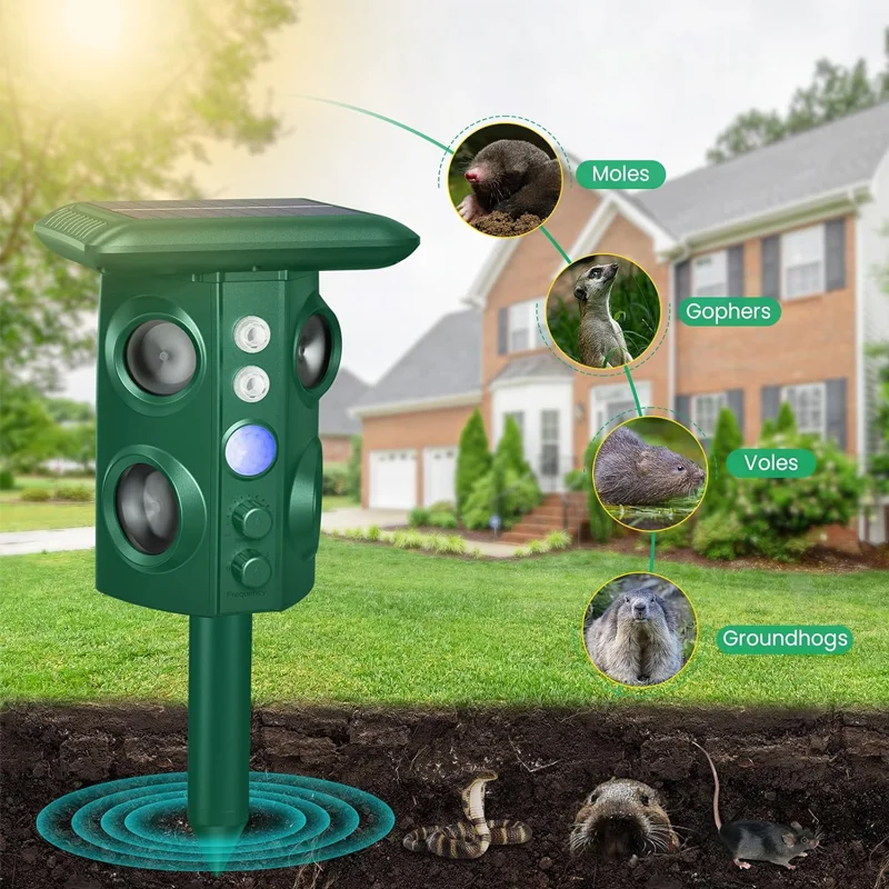 Repelente de Ratos Ultrassônico Solar Ajustável com Luzes LED Piscantes e Vibração para Jardim e Quintal