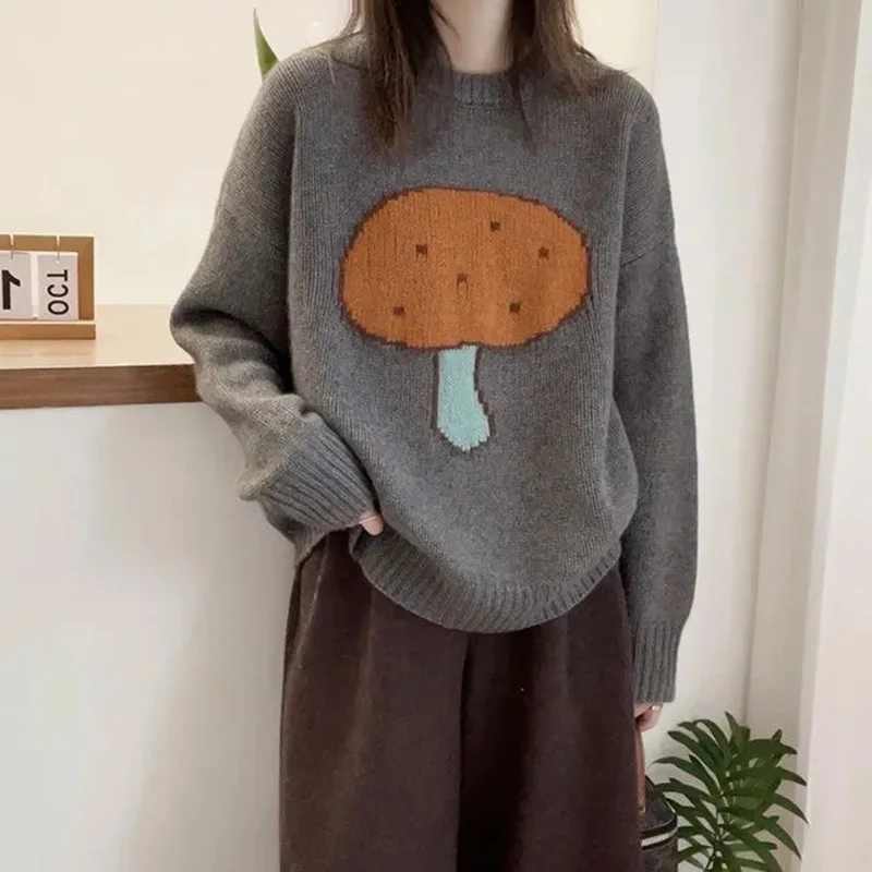 

Gray Kawaii Lazy Wind Sweater Women Loose Cute O Neck Vintage Knitted Pullover Fall Long Sleeve Preppy Style Retro Winter Jumper