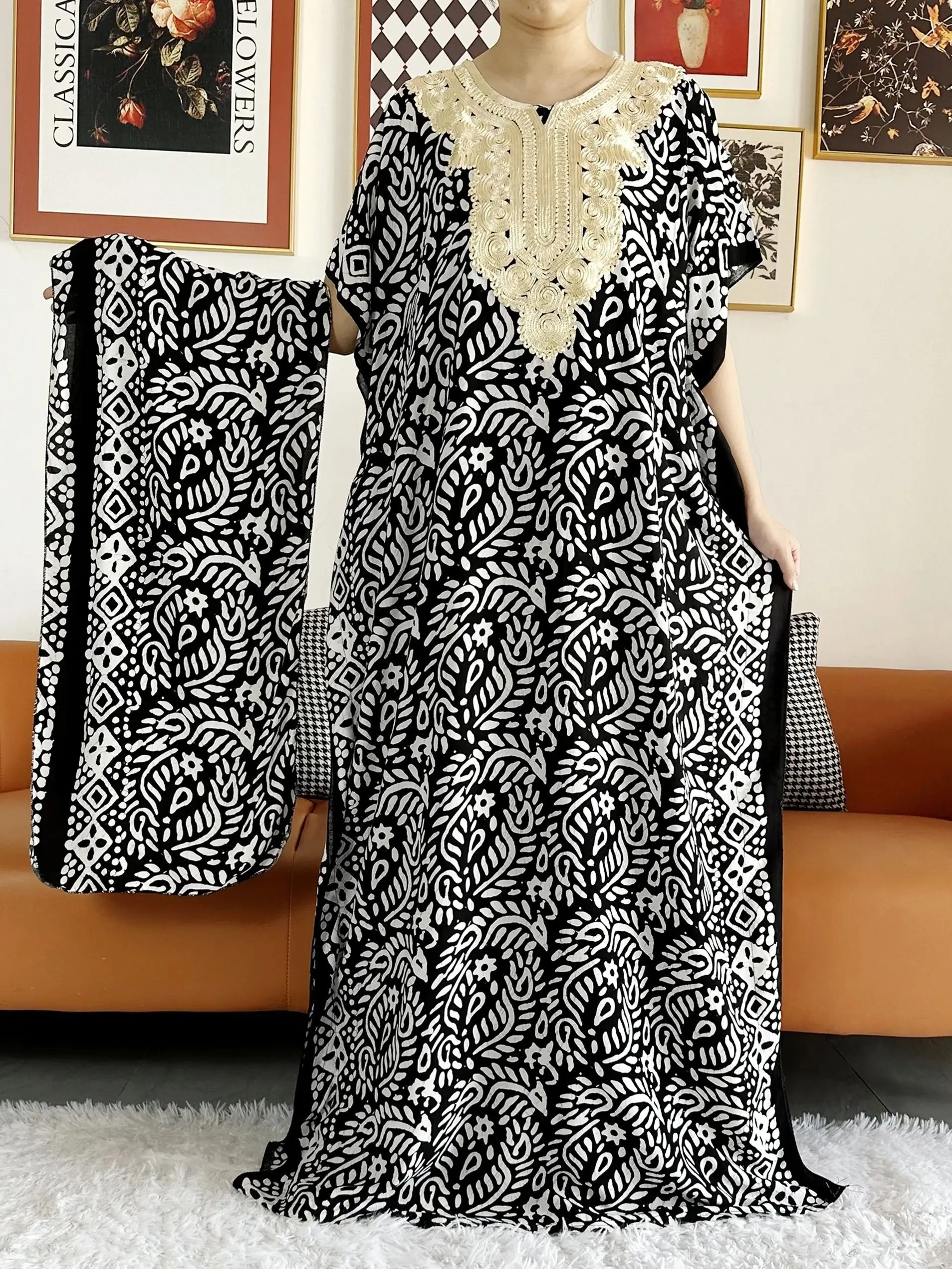 

2023 Women Summer Dress Short Sleeve Loose Maxi Robe Floral Femme Muslim African Dashiki Embroidery Printed Floral Long Dress