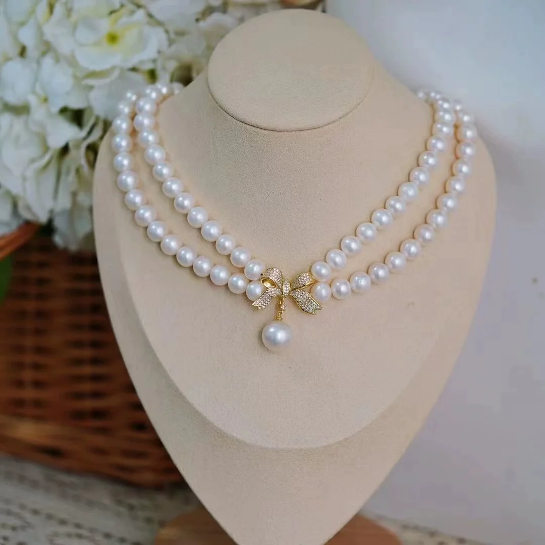 Newly designed 2-row AAA+6-7 millimeter round white natural Akoya pearl necklace 925 sterling silver 16-17 inch