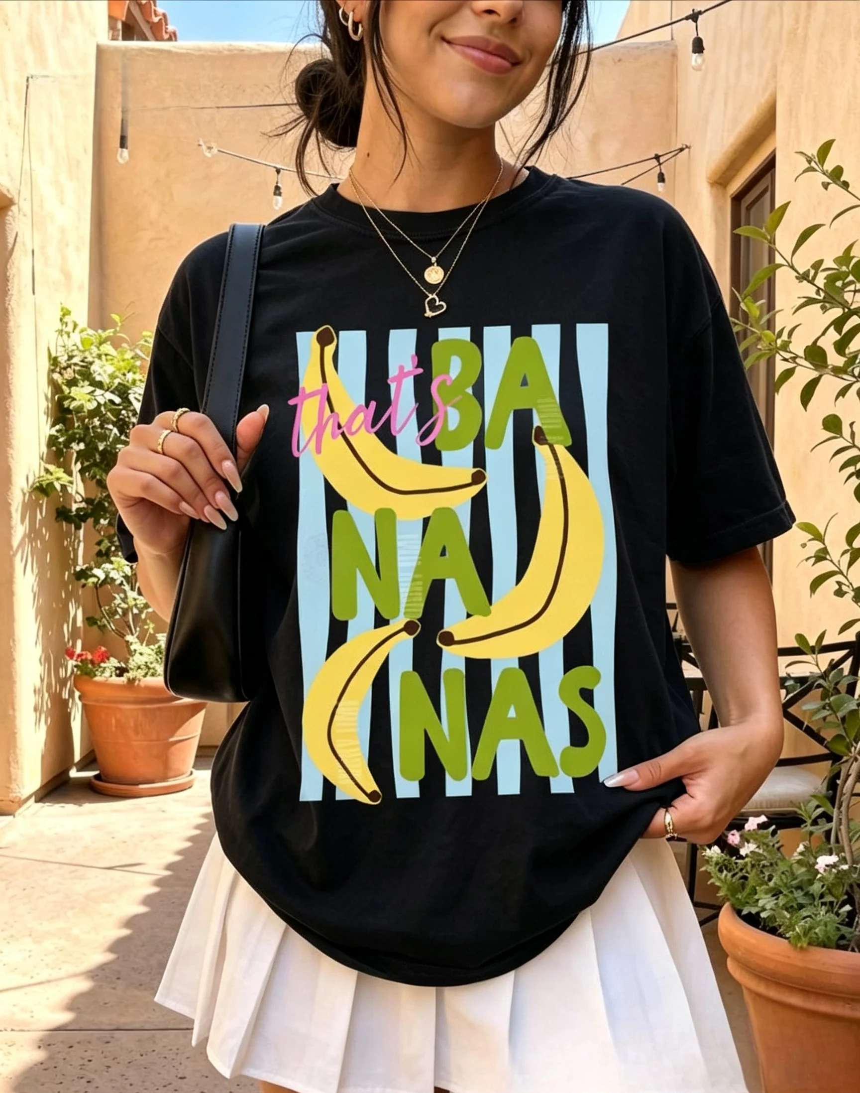 Banana Fruit T Shirt Green Lettering White Crewneck Loose Tee Clothes for Women Summer Tennis Skirt Backyard Party Wear