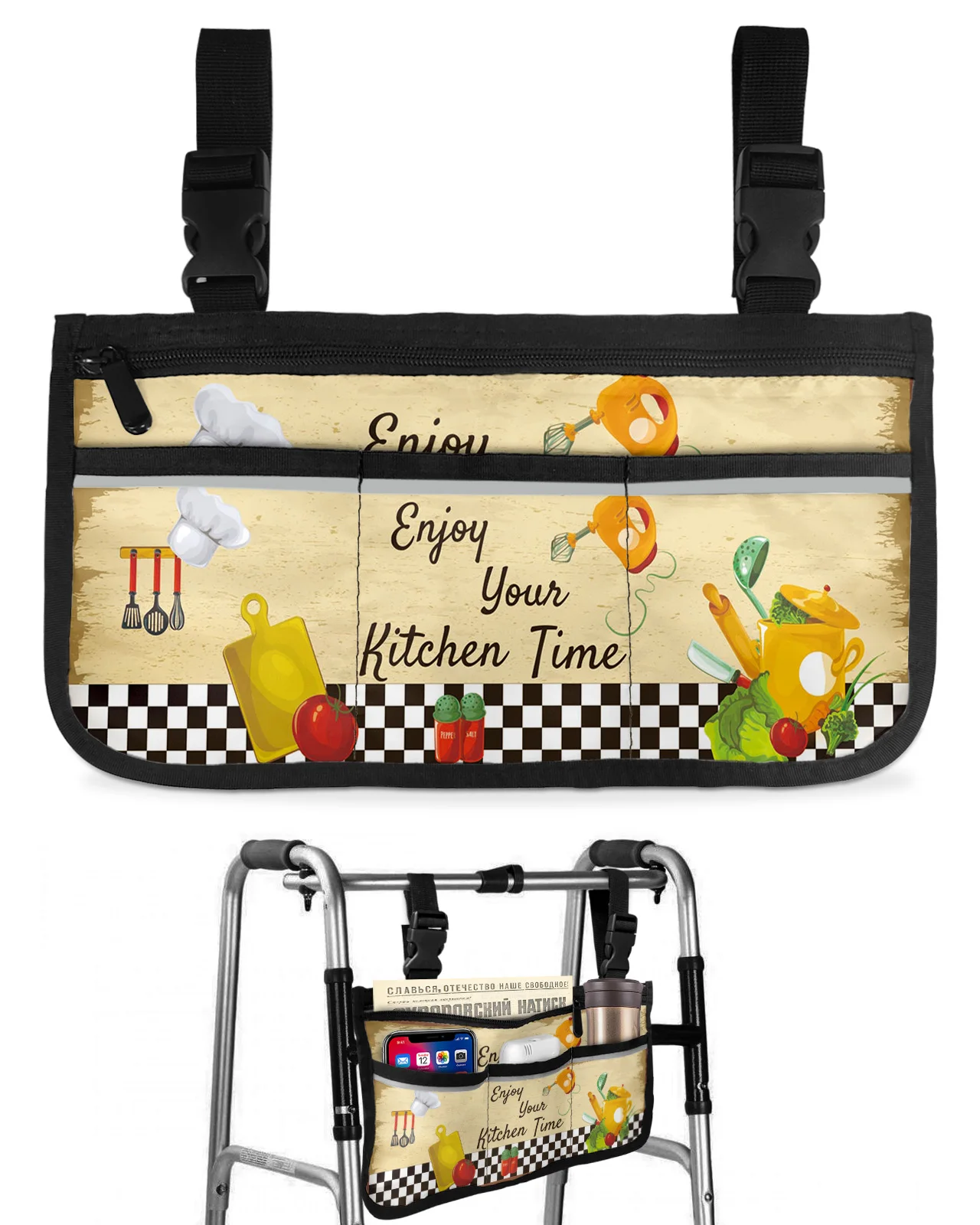 Kitchen Vegetables Chef Hat Plaid Wheelchair Bag With Pockets Armrest Side Bags Electric Scooter Walking Frame Storage Pouch