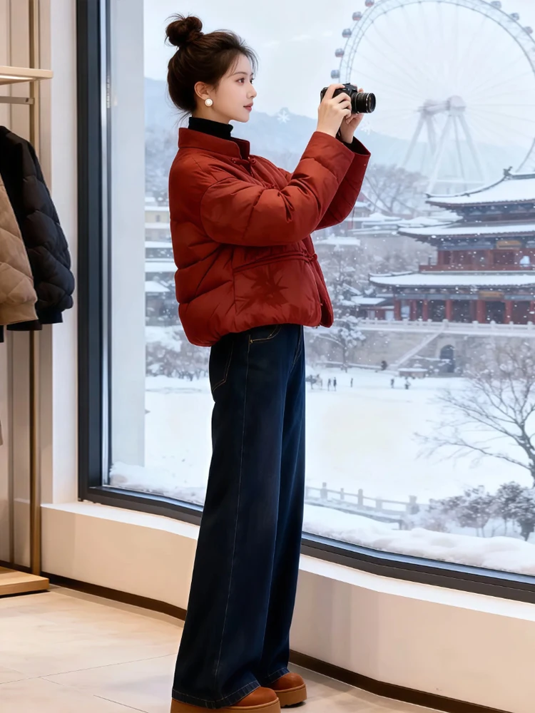 Red Short down Cotton Jacket Women's Stylish Unique Chinese National Style Coat Beautiful New Winter 2026 Fashion for Small F...
