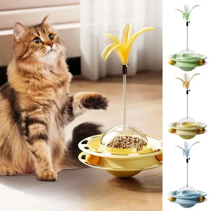 

Interactive Cat Toy Flying Saucer Leak Food Tipping Wheel Tumbler with Feather for Indoor Cats Puzzle Slow Feeder