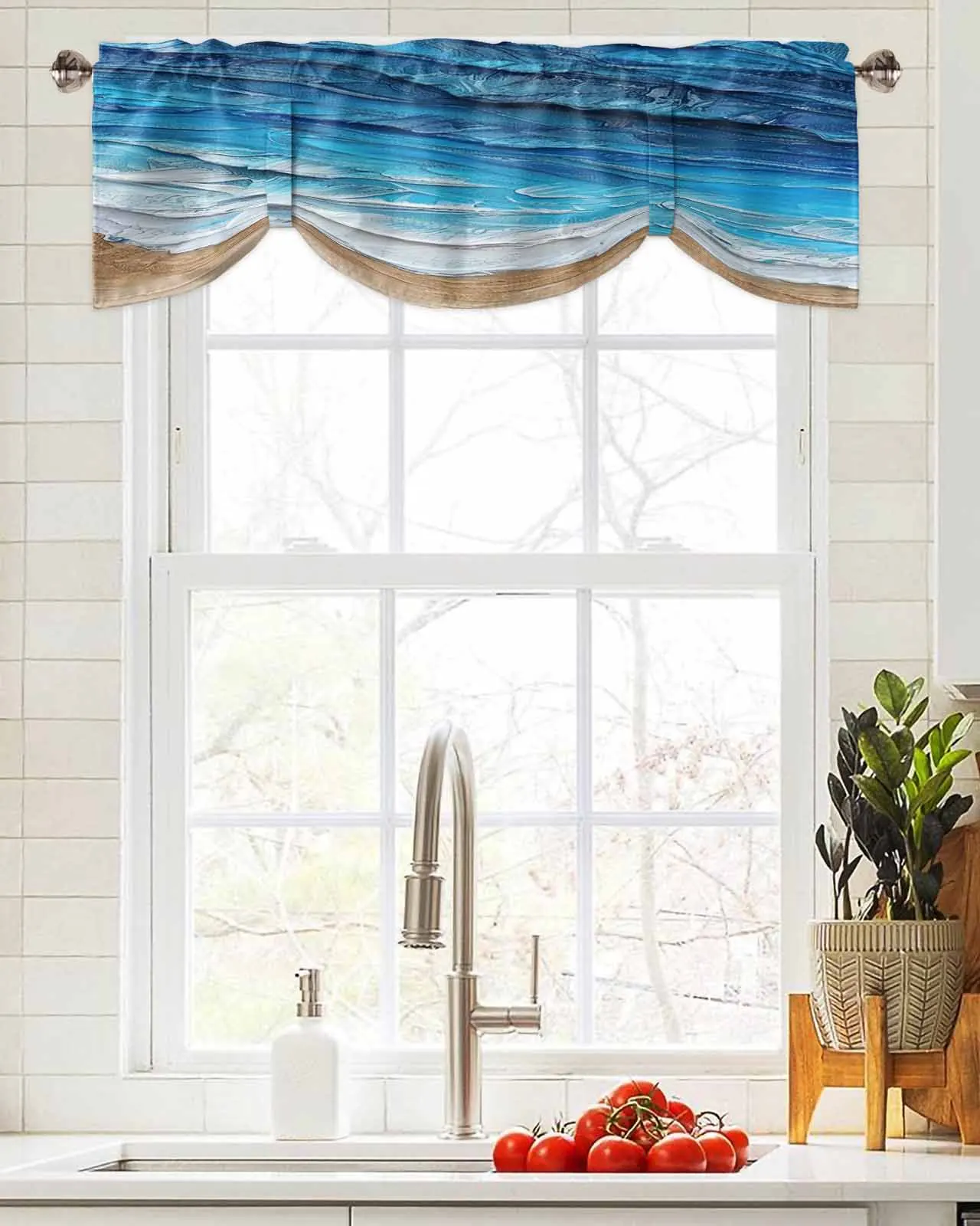 Ocean Waves Gradient Oil Painting Short Window Curtain Adjustable Tie Up Valance for Living Room Kitchen Window Drapes