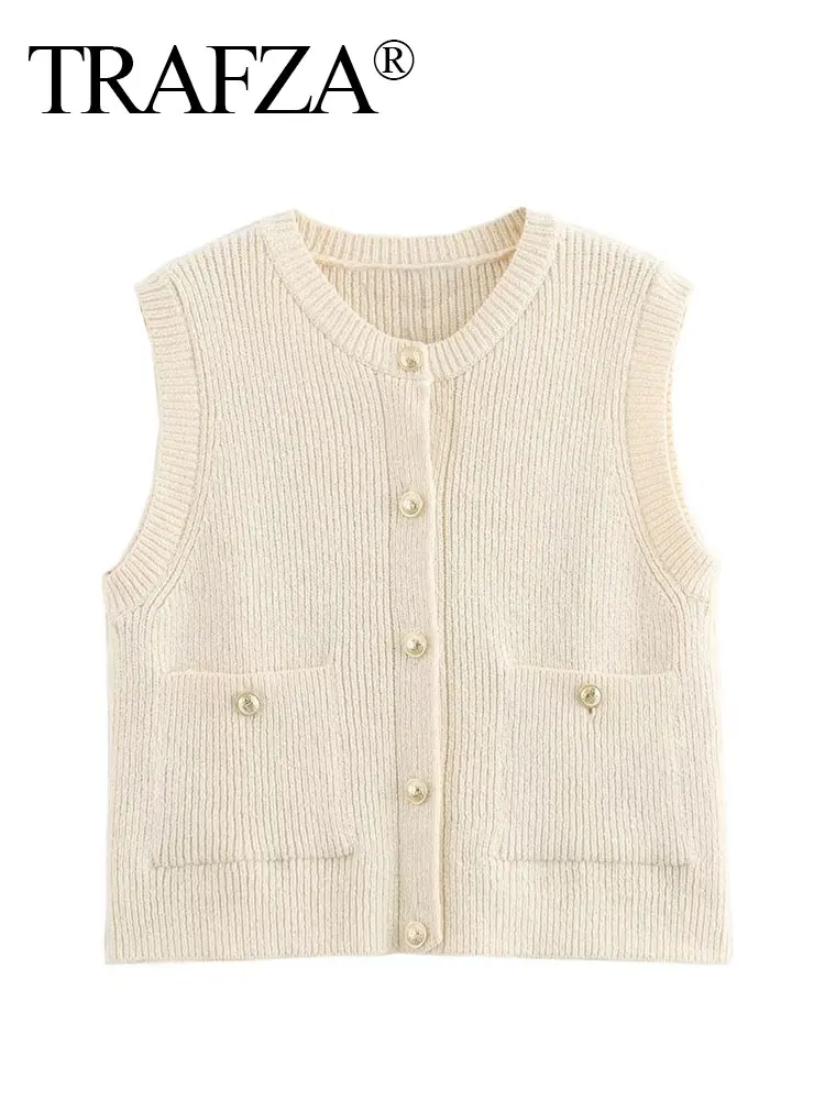 TRAFZA Women Elegant Solid Knitted Vest O Neck Single Breasted Sleeveless Waistcoat With Pockets Female Fashion Y2k Crop Top