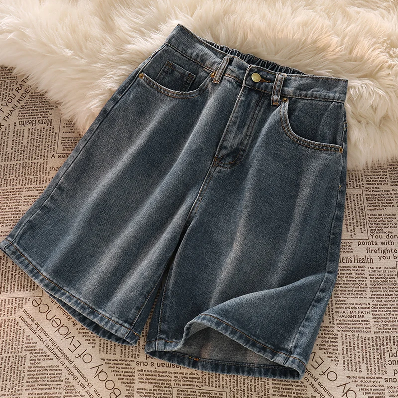 High Quality Retro Blue Denim Shorts 2024 New Women's Button Elastic Waist High Waist Wide Leg Straight Leg Five Quarter Pants