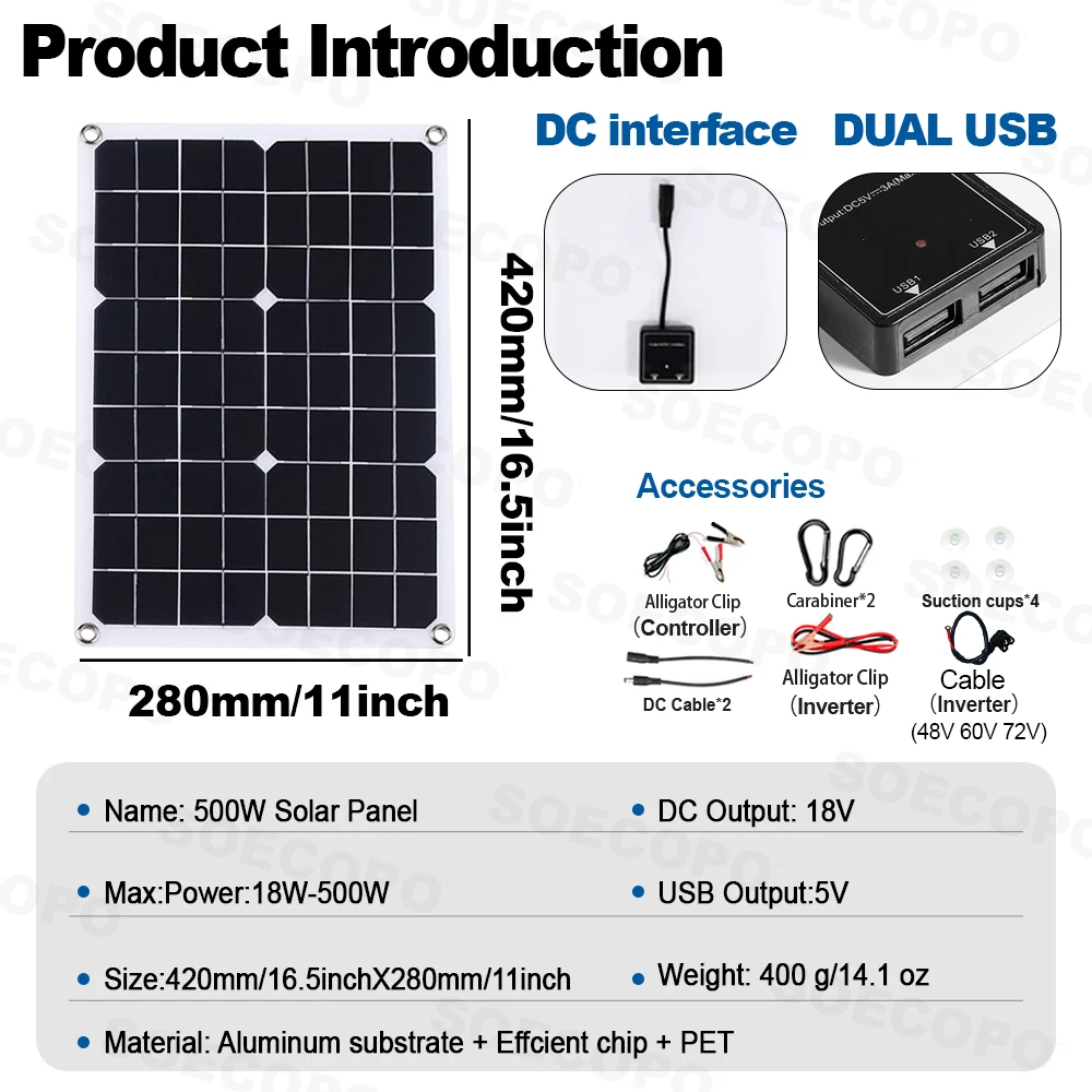 SOECOPO 15000W Complete Solar System Kit 500W Solar Panel Inverter (3 Sockets 8 USB Ports) 12V/24V 100A Controller Home Camping