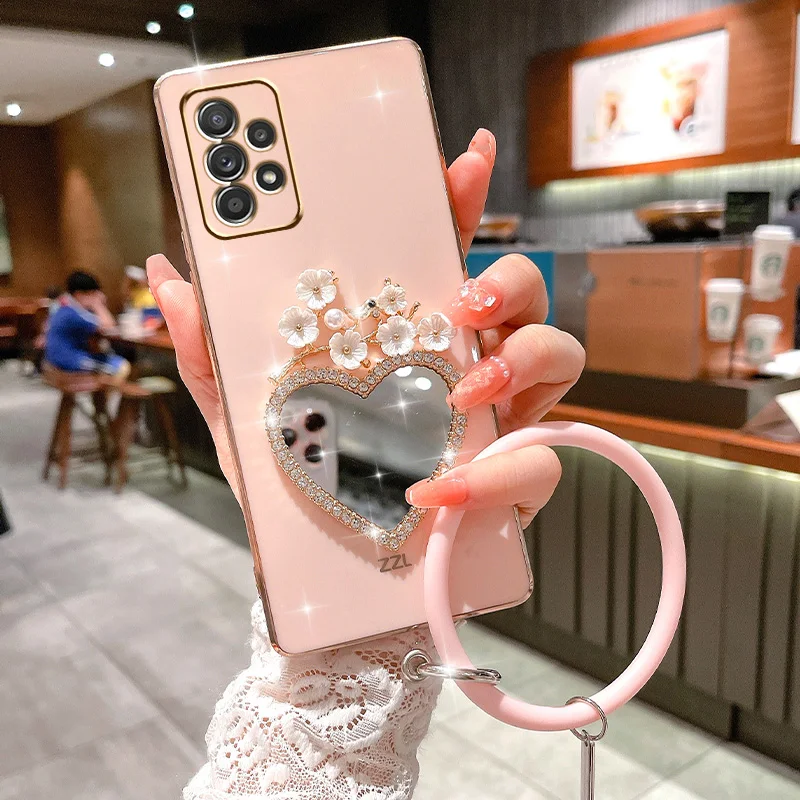 

Plating Bracelet Case For Samsung A34 A54 A33 A53 A32 A33 A22 A13 4G 5G A12 A73 A25 A31 A21S A14 Plum Flower Heart Mirror Cover