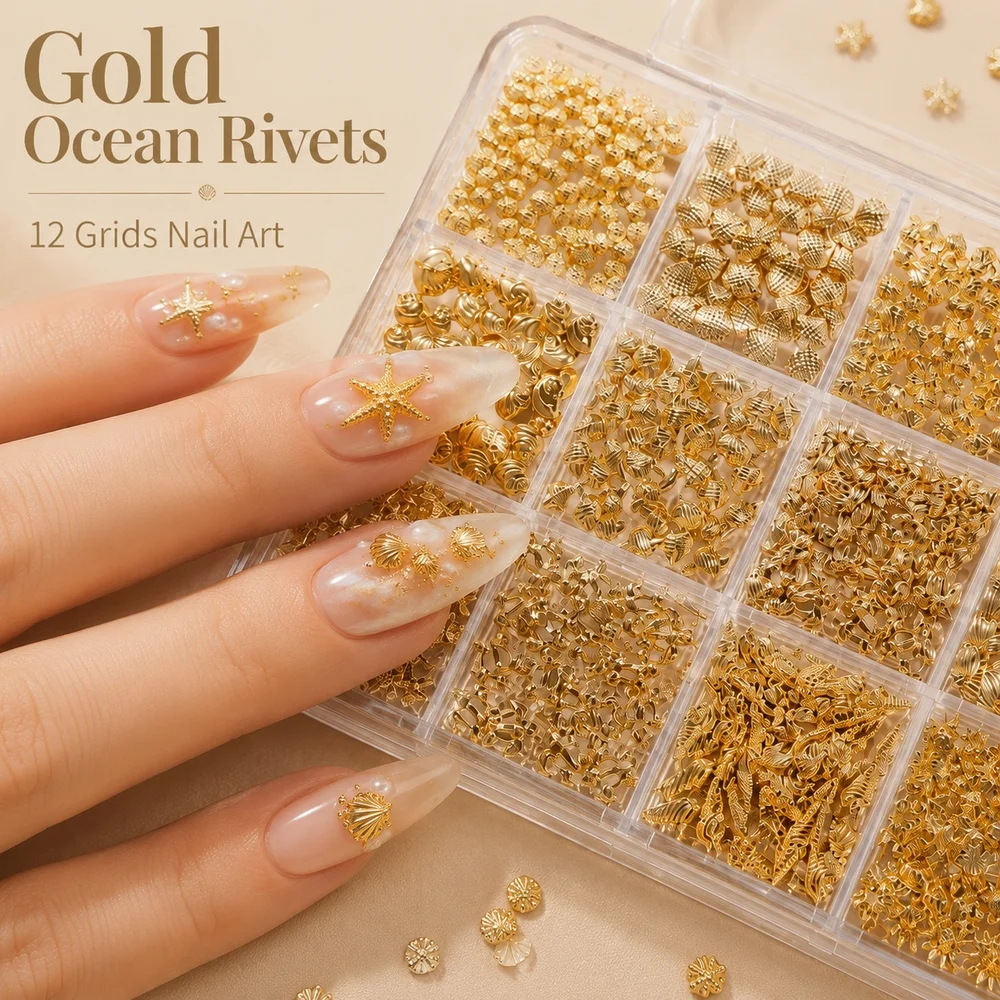 12 Grids Summer Beach Metal Nail Stud Kit With Pick Tweezers Turtle Starfish Seashell Rivets Gel Nail Manicure Decor