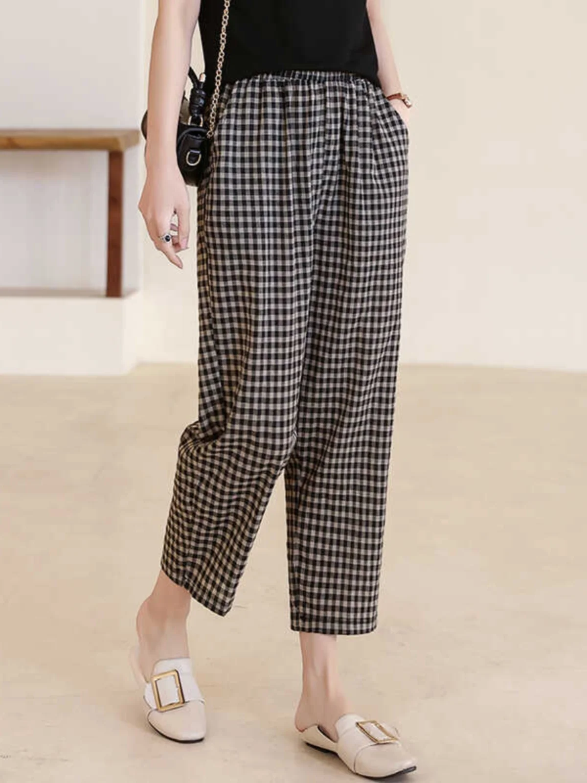High Waist Plaid Casual Pants Women's Summer New Loose Thin Elastic Waist Slim Cotton Linen Mom Nine Points Pants