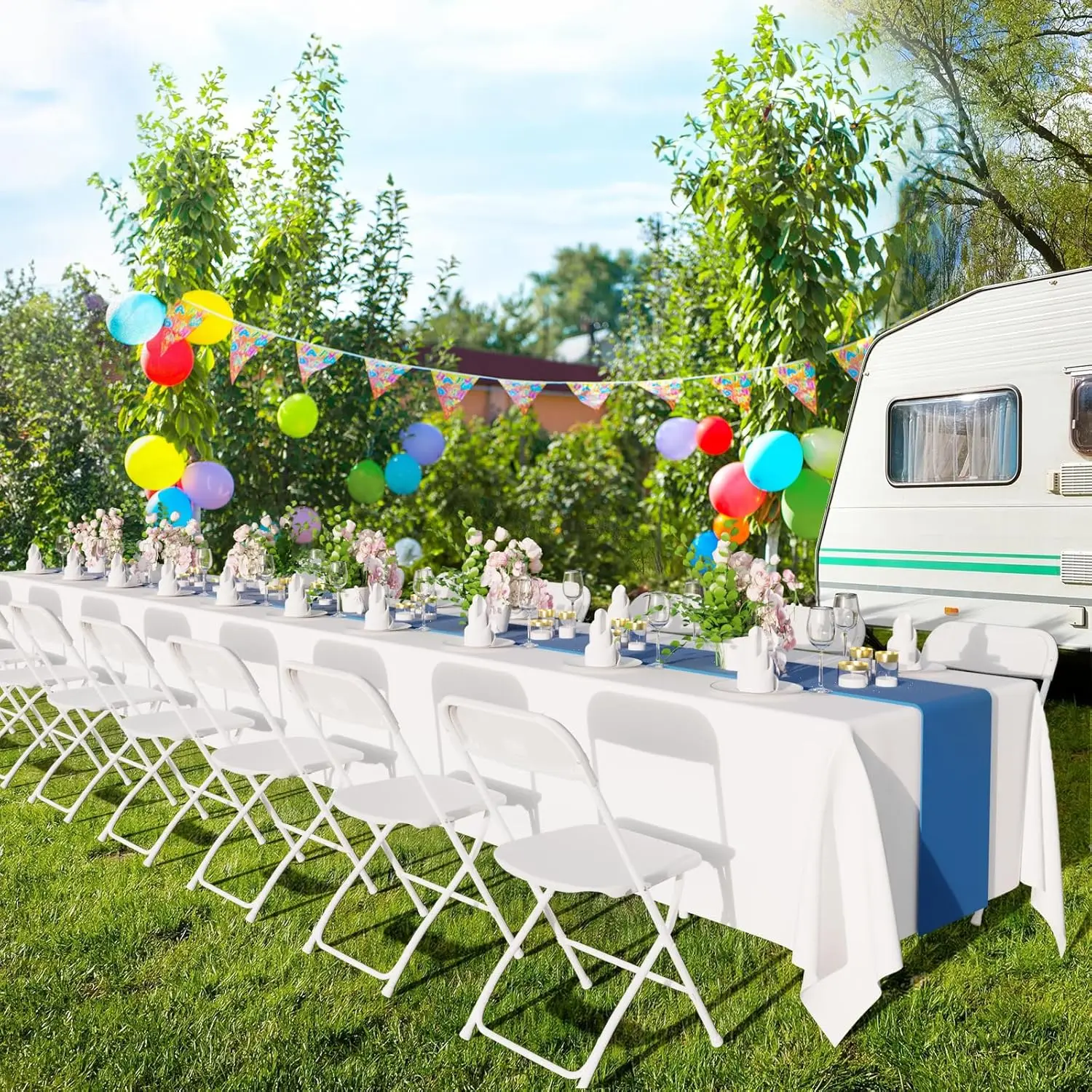 Folding Chairs Set of 4, White Plastic Chair Sturdy Seat with Metal Frame, Perfect for Party, Event, Wedding, Birthday