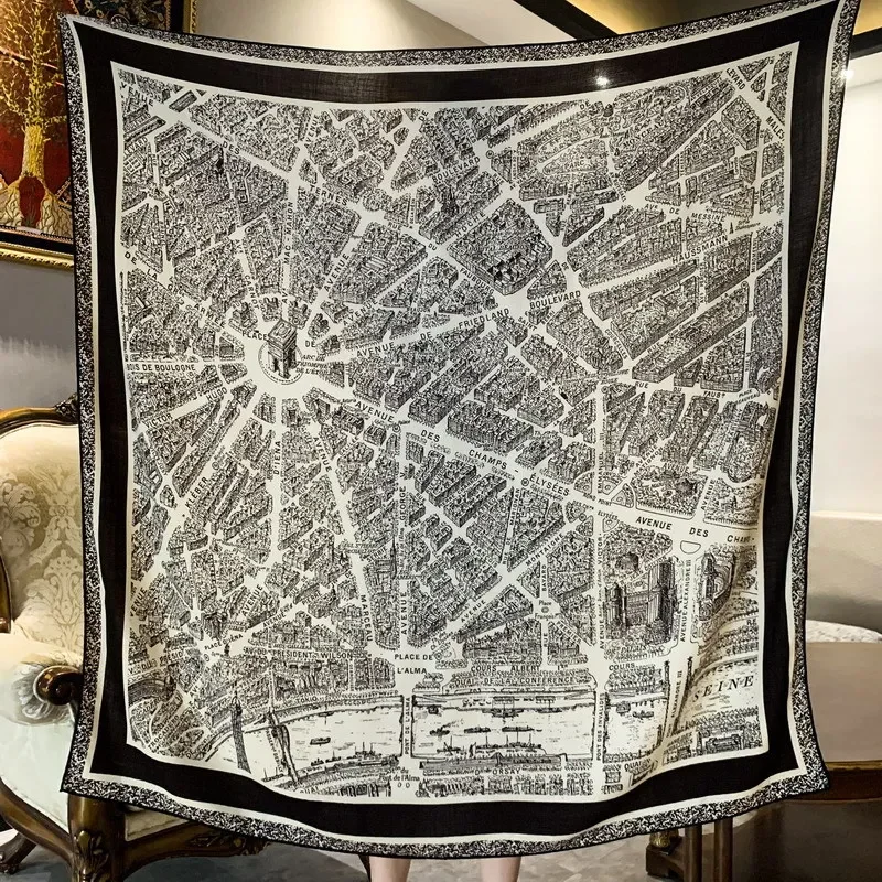 High-end Elegant Women Exquisite Paris City Double-sided Print Quality Silk Wool Hand-rolled Edge Warm Large Square Scarf Shawl