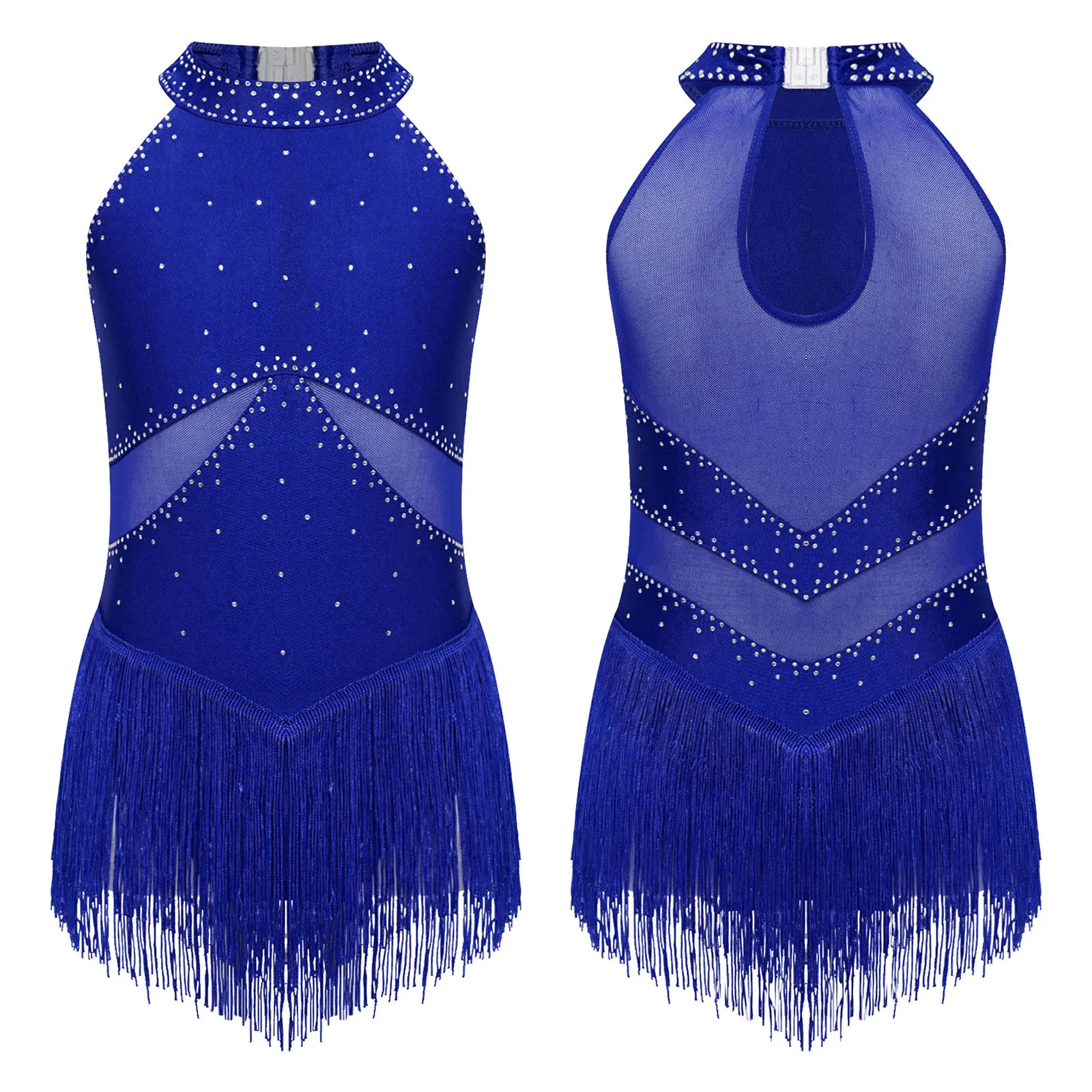 Fringed Tassel Ballet Dress Girls Glittery Rhinestones Sheer Mesh Patchwork Bodysuit for Dancewear Figure Skating Performance