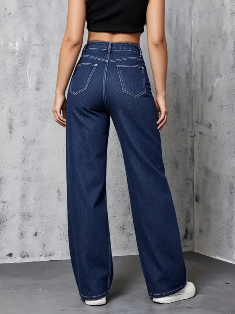 2026 Ropa Y2K Fashion Patchwork Dark Blue Baggy Women's Jeans Pants For Woman Clothing Straight Casual Clean fit Denim Trousers